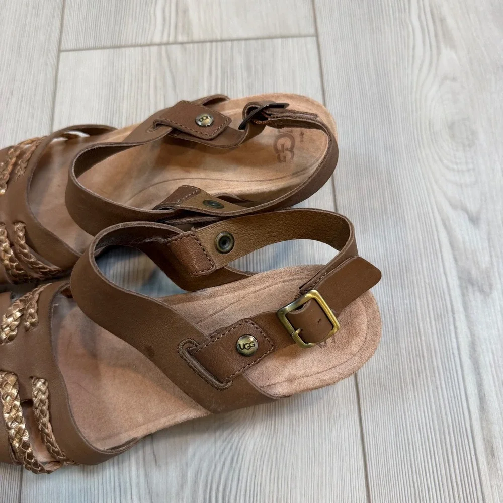 UGG Serinda Brown Leather Metallic Braid Cork Wedge Sandals 1010167 Womens 8